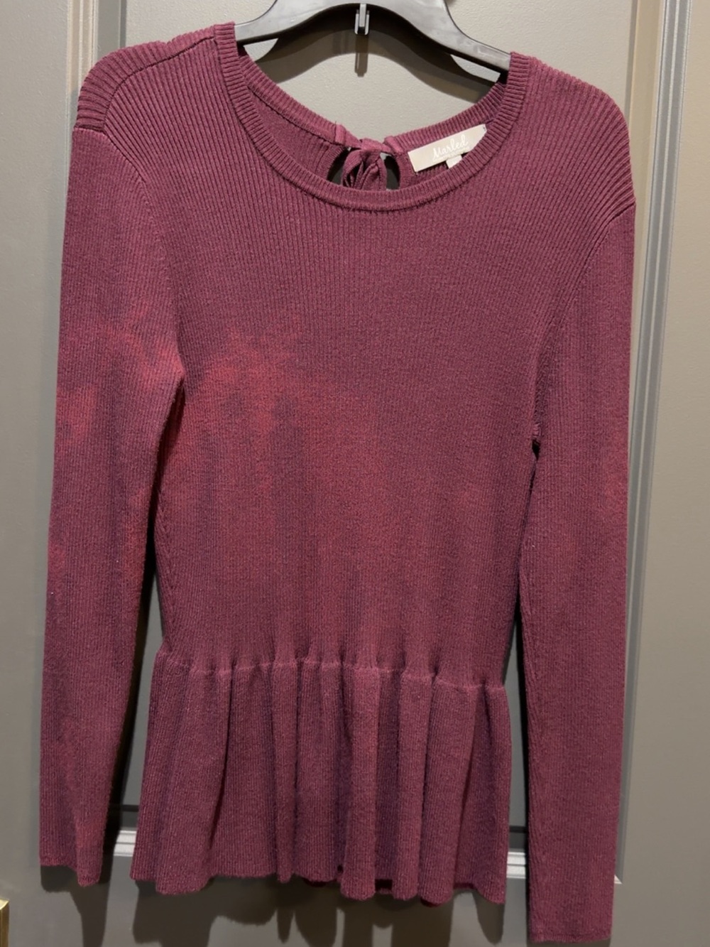 Marled Mauve Ribbed Peplum Crew Neck Sweater with Back Tie Detail